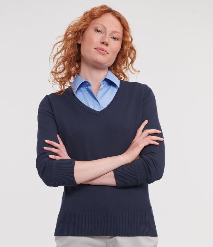 710F Russell Collection Ladies Cotton Acrylic V Neck Sweater